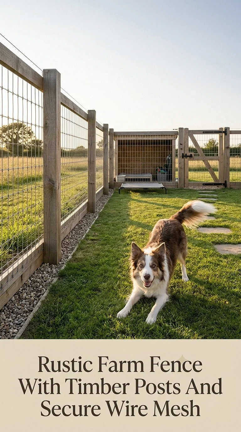 Rustic Farm Fence With Timber Posts And Secure Wire Mesh