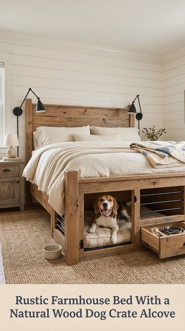 Rustic Farmhouse Bed With a Natural Wood Dog Crate Alcove
