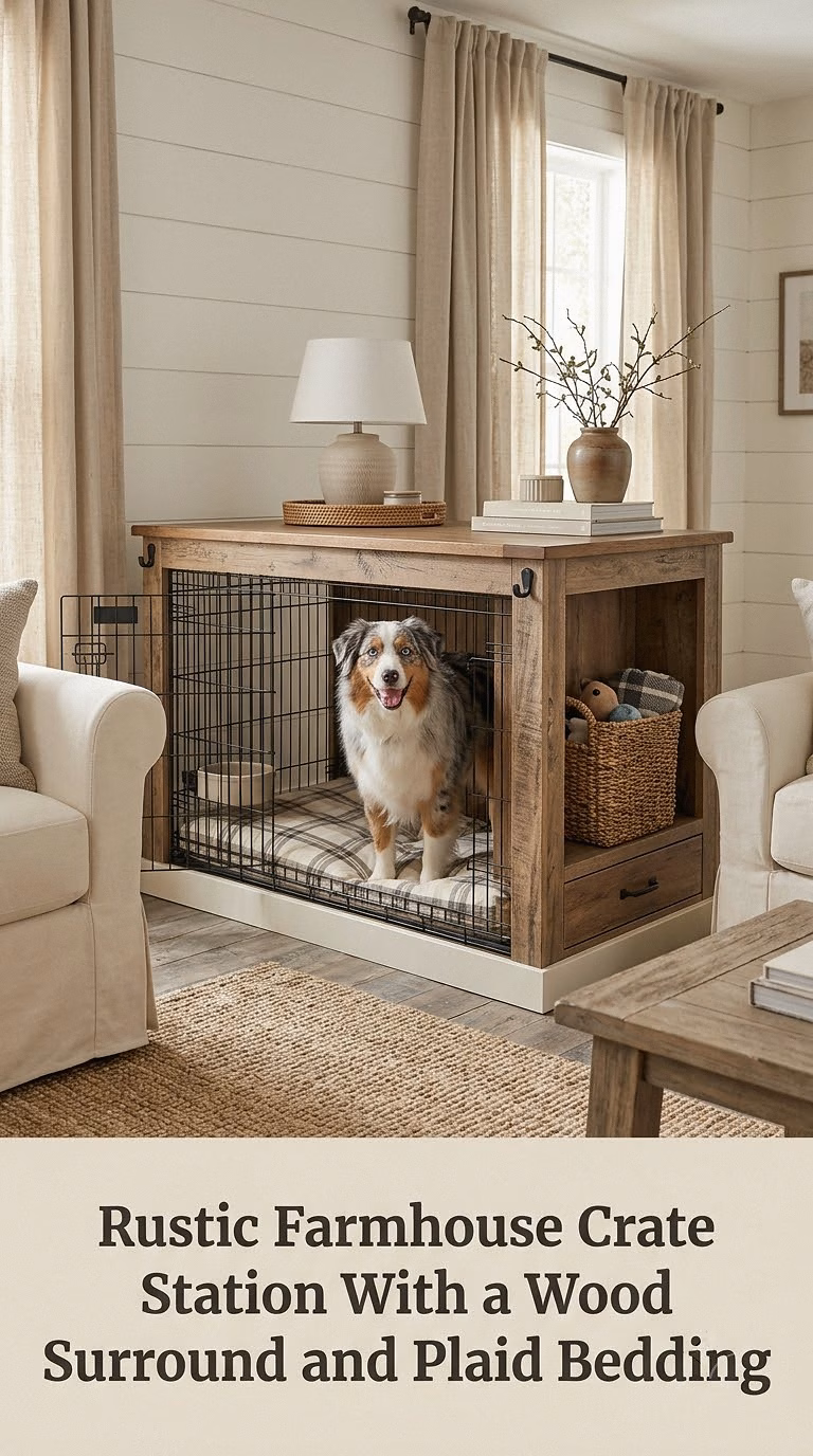 Rustic Farmhouse Crate Station With a Wood Surround and Plaid Bedding