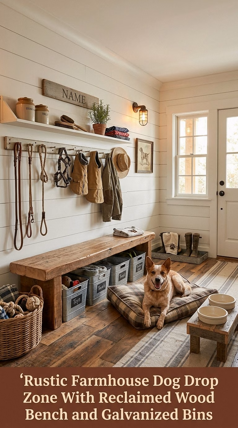 5. Rustic Farmhouse Dog Drop Zone With Reclaimed Wood Bench and Galvanized Bins