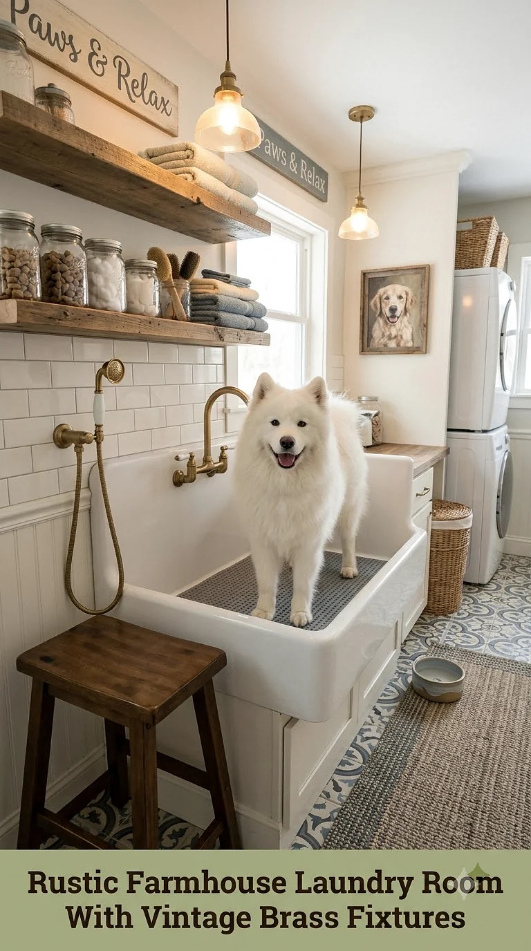 Rustic Farmhouse Laundry Room With Vintage Brass Fixtures