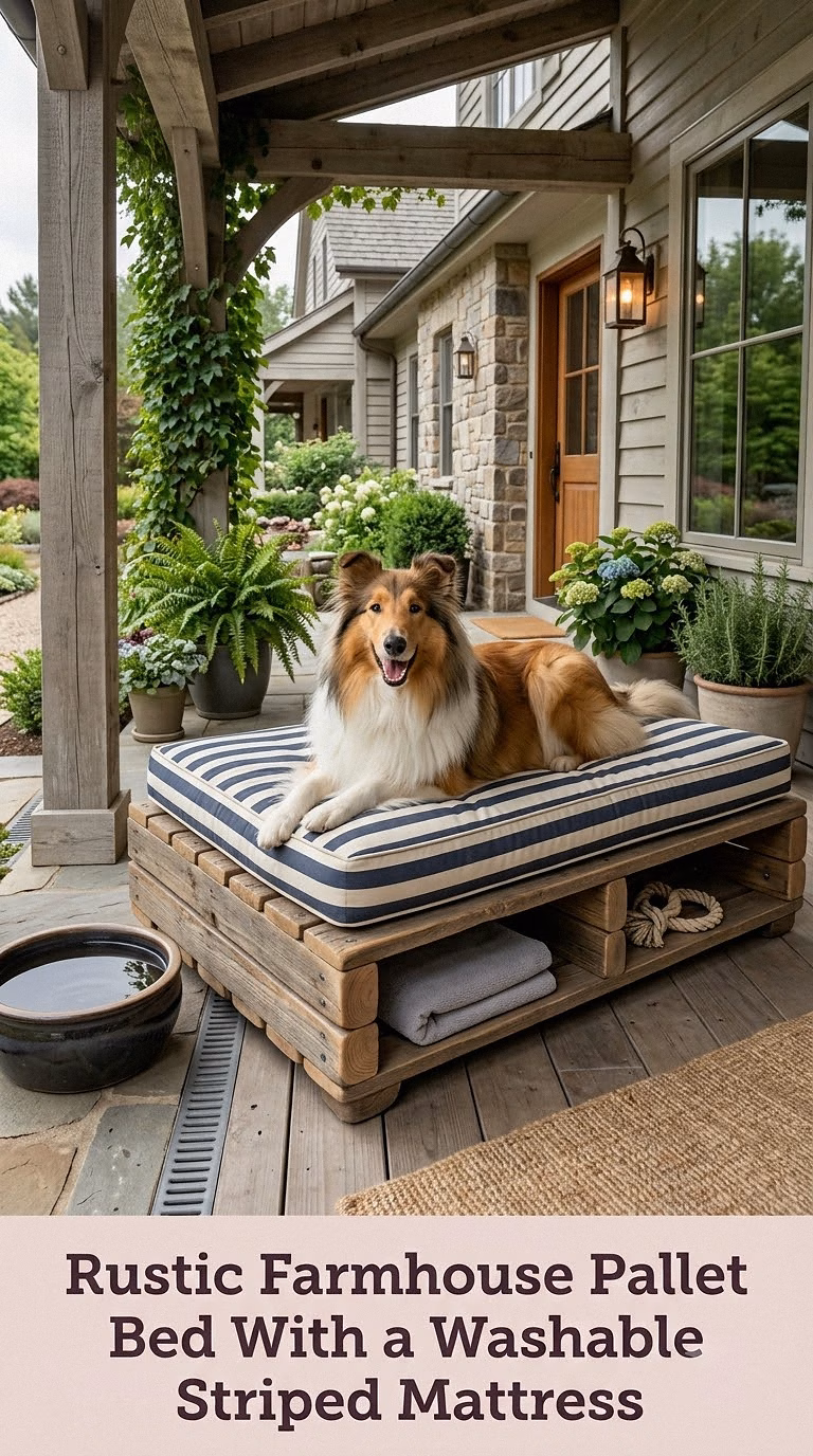 Rustic Farmhouse Pallet Bed With a Washable Striped Mattress