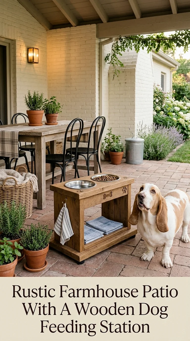 Rustic Farmhouse Patio With A Wooden Dog Feeding Station