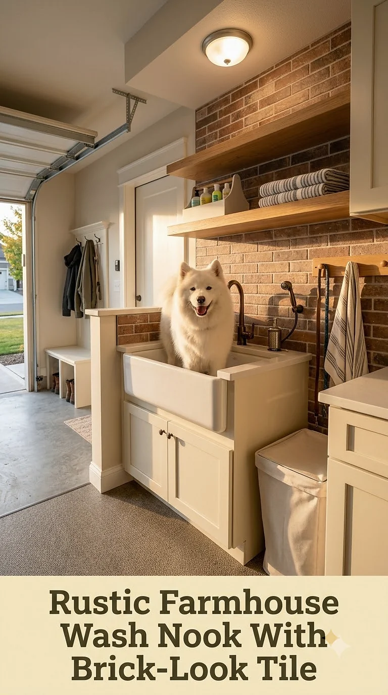 Rustic Farmhouse Wash Nook With Brick-Look Tile