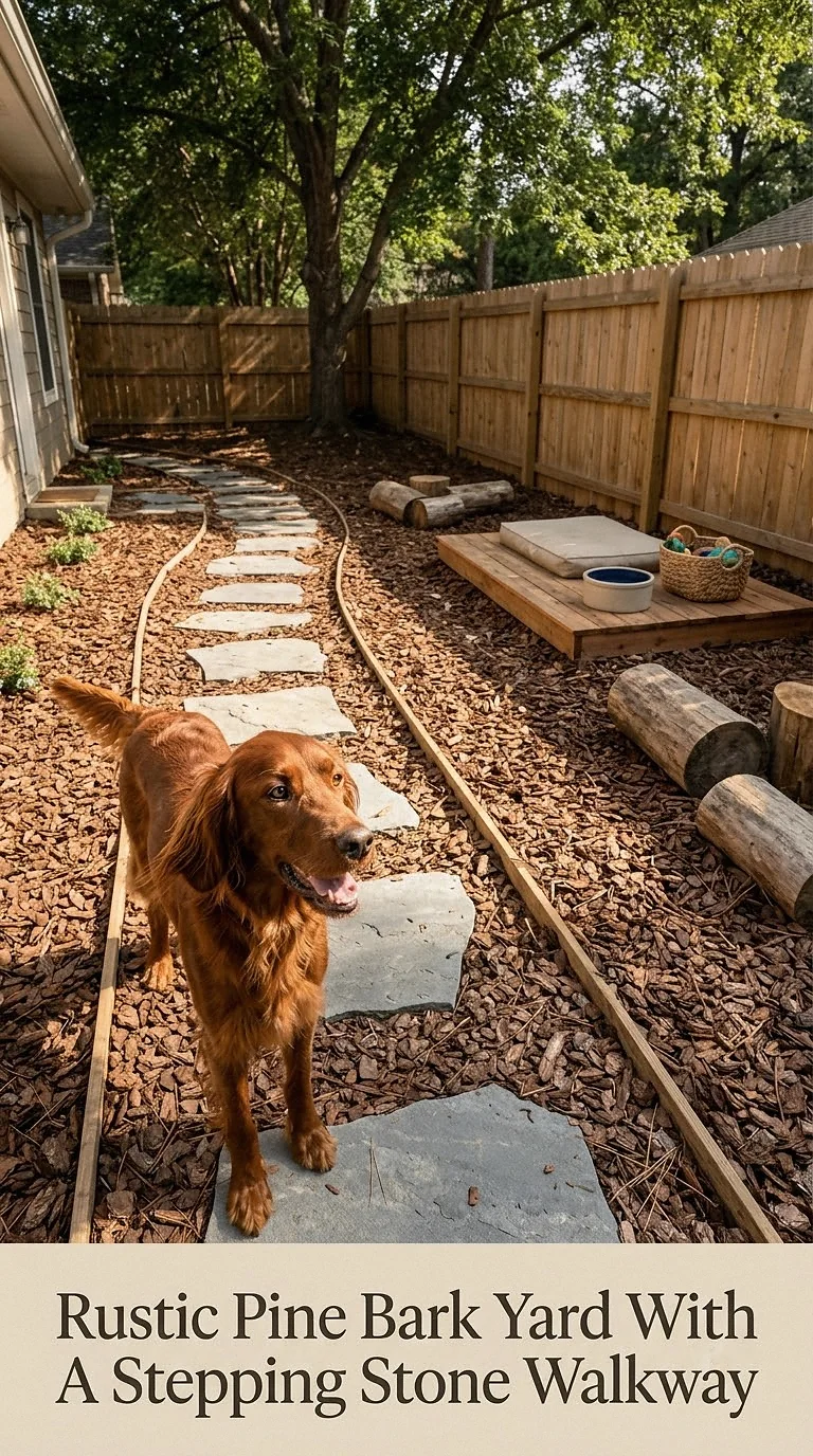 Rustic Pine Bark Yard With A Stepping Stone Walkway