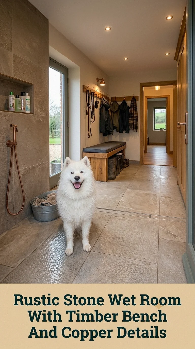 Rustic Stone Wet Room With Timber Bench And Copper Details