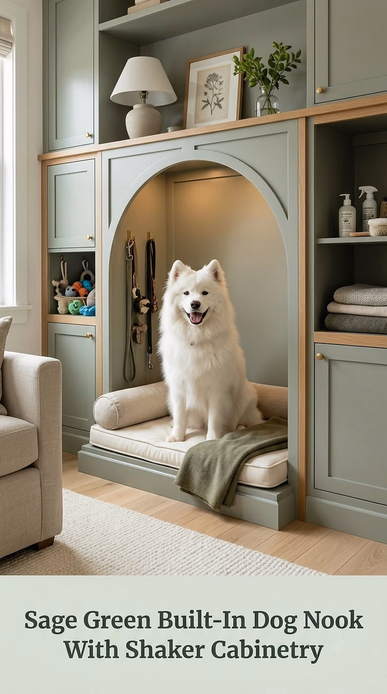 Sage Green Built-In Dog Nook With Shaker Cabinetry