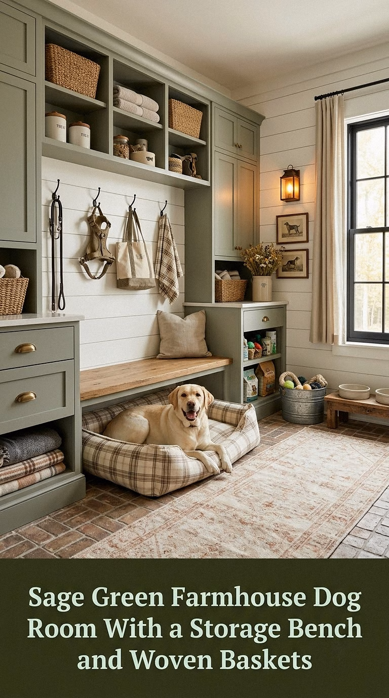 5. Sage Green Farmhouse Dog Room With a Storage Bench and Woven Baskets