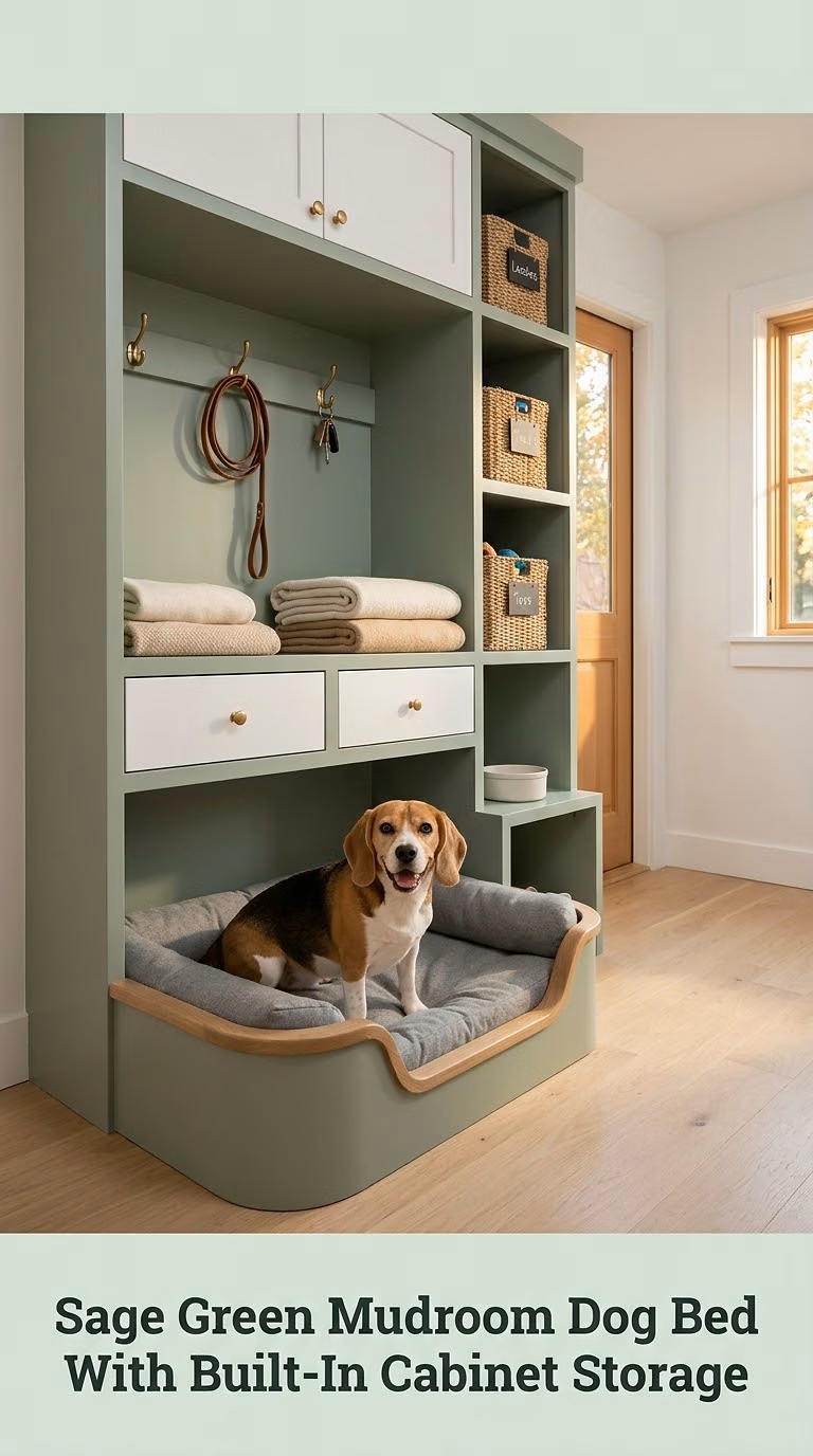 Sage Green Mudroom Dog Bed With Built-In Cabinet Storage
