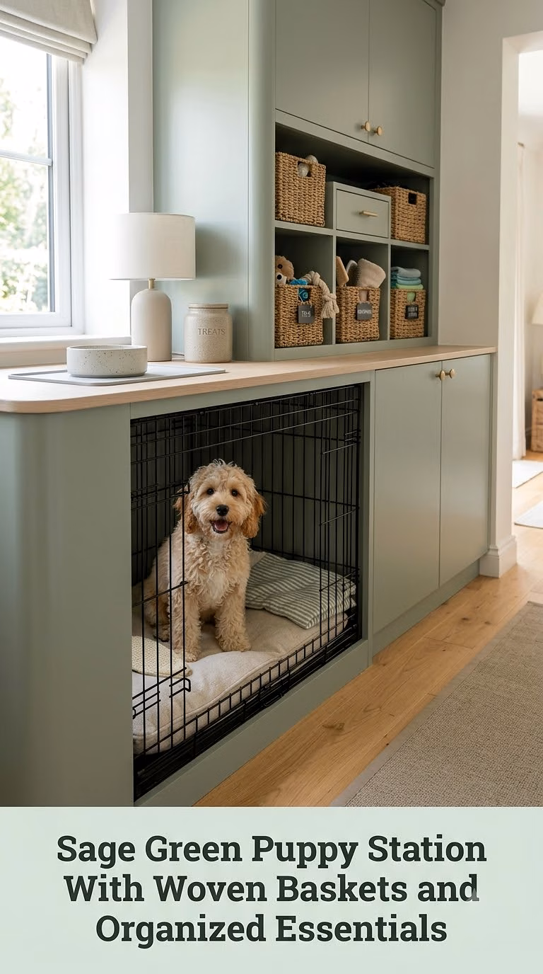 Sage Green Puppy Station With Woven Baskets and Organized Essentials