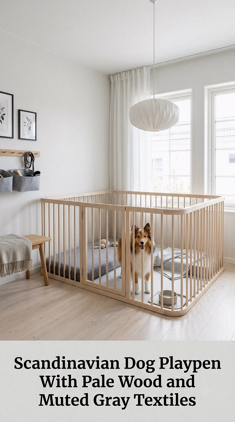 Scandinavian Dog Playpen With Pale Wood and Muted Gray Textiles