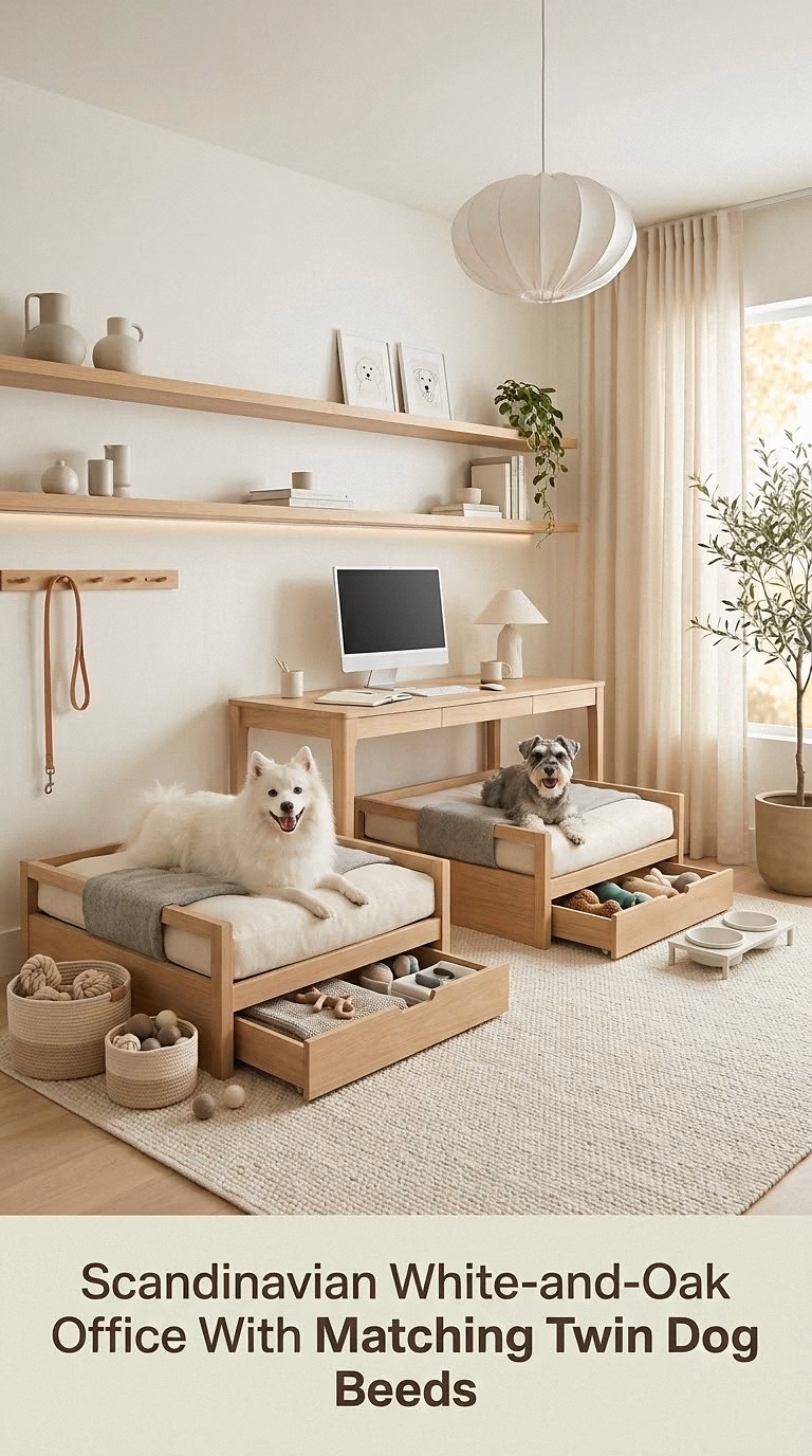 Scandinavian White-and-Oak Office With Matching Twin Dog Beds