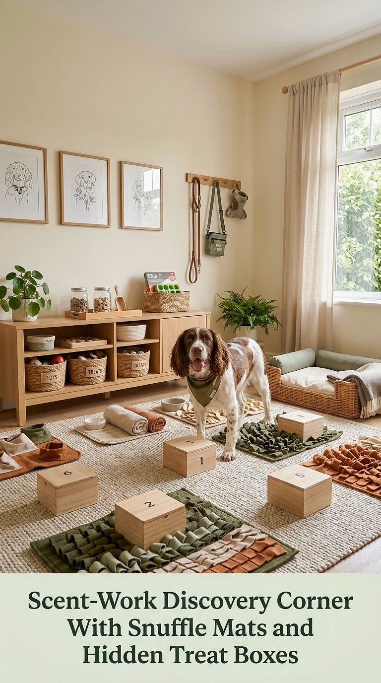 5. Scent-Work Discovery Corner With Snuffle Mats and Hidden Treat Boxes