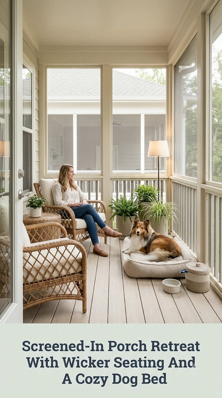 Screened-In Porch Retreat With Wicker Seating And A Cozy Dog Bed