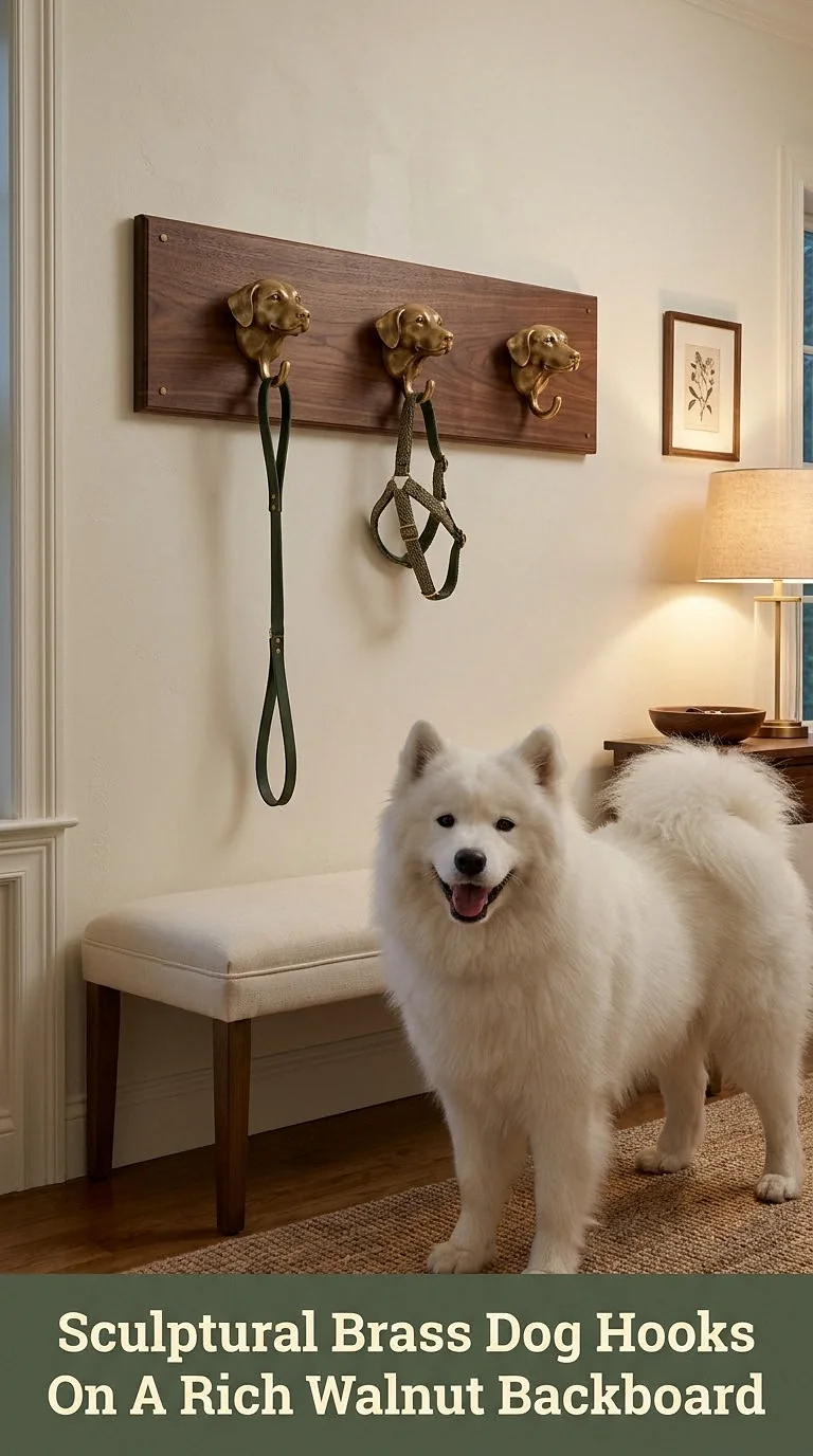 Sculptural Brass Dog Hooks On A Rich Walnut Backboard