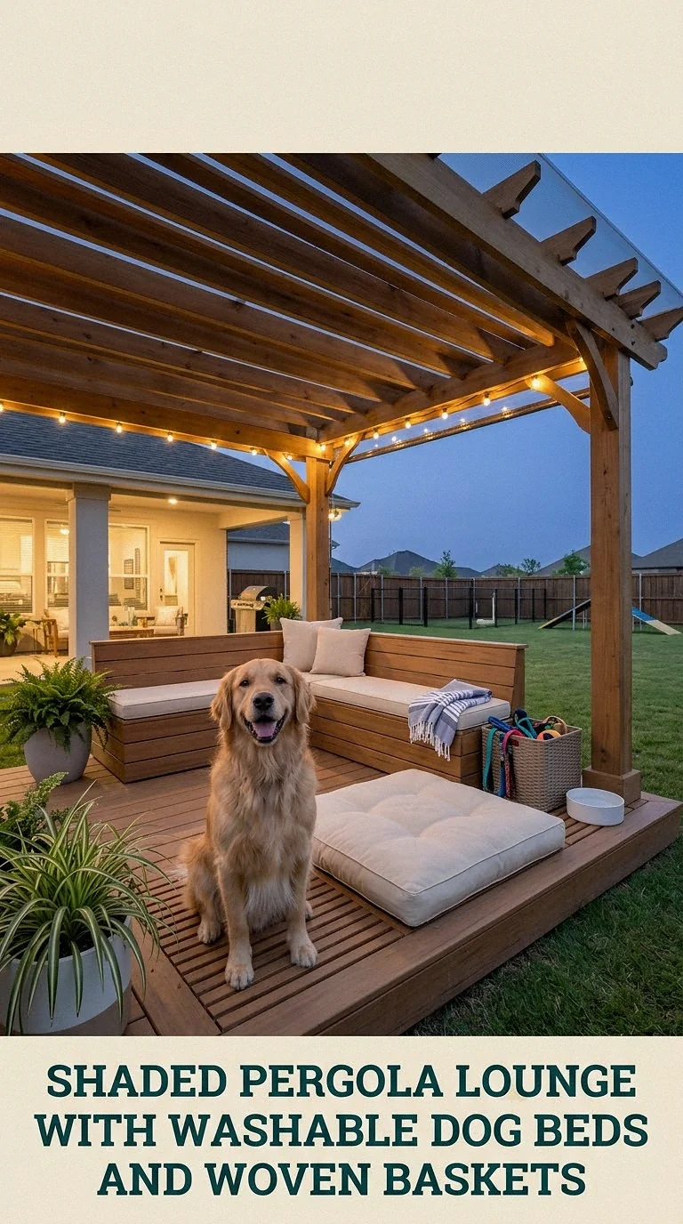 Shaded Pergola Lounge With Washable Dog Beds And Woven Baskets