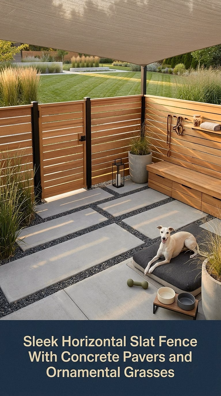 5. Sleek Horizontal Slat Fence With Concrete Pavers and Ornamental Grasses