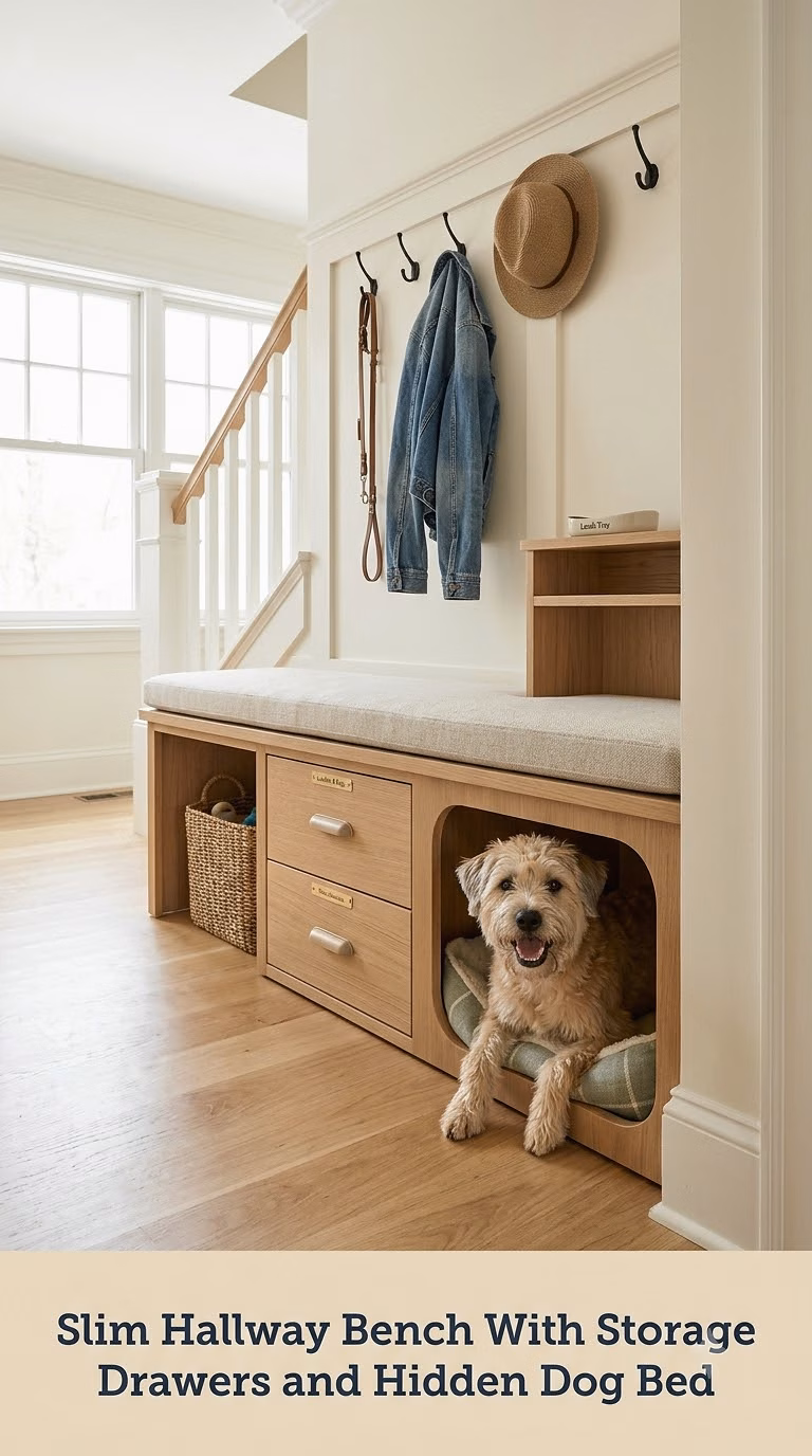 Slim Hallway Bench With Storage Drawers and Hidden Dog Bed