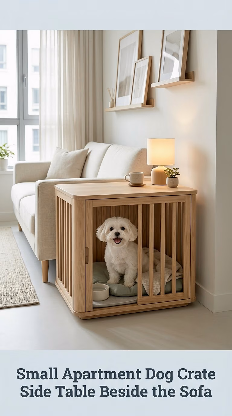 Small Apartment Dog Crate Side Table Beside the Sofa