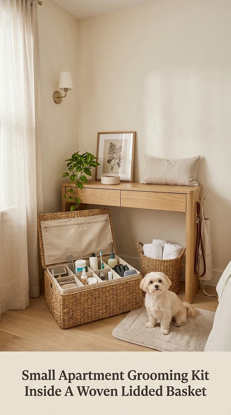 Small Apartment Grooming Kit Inside A Woven Lidded Basket