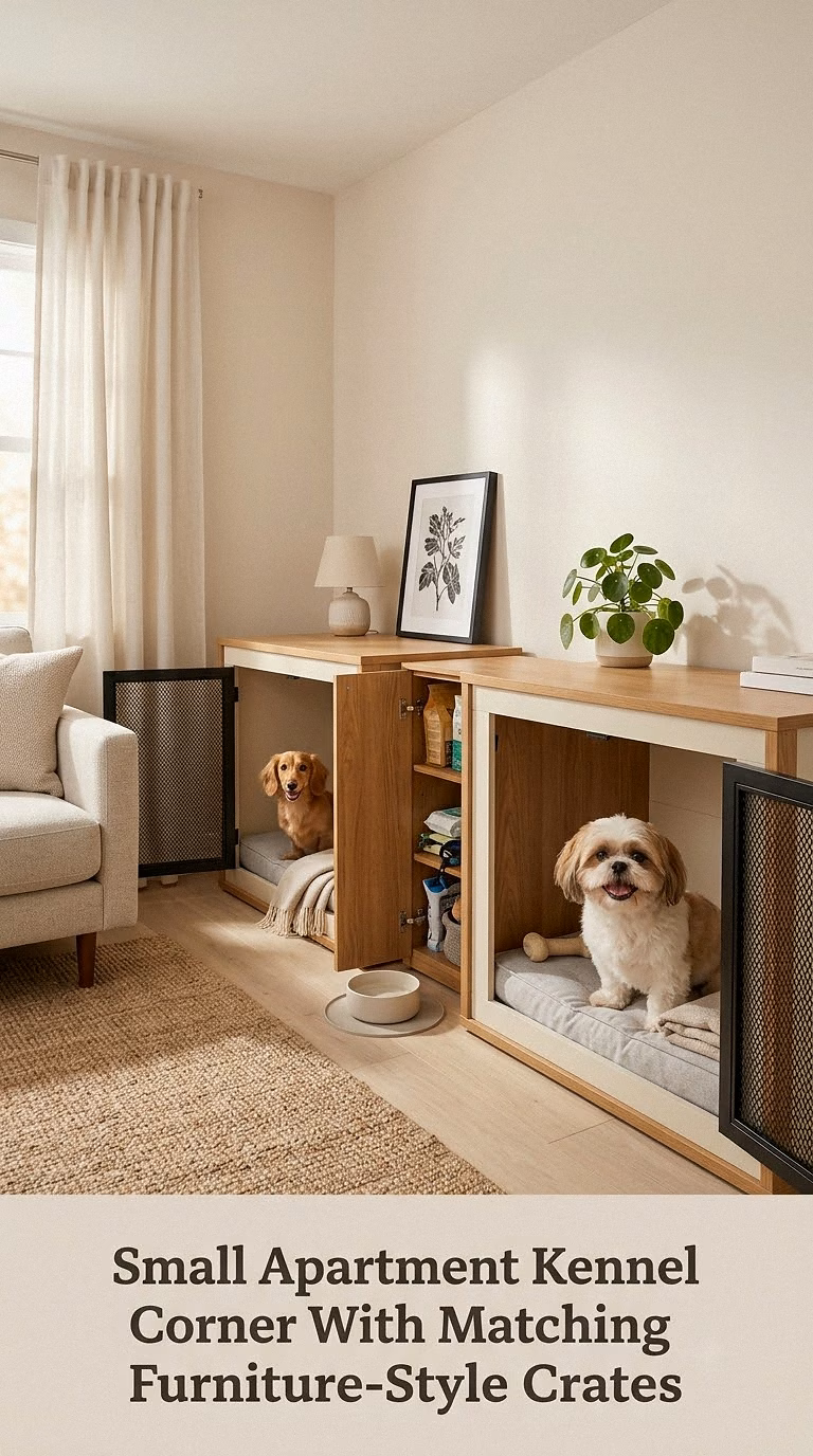 Small Apartment Kennel Corner With Matching Furniture-Style Crates