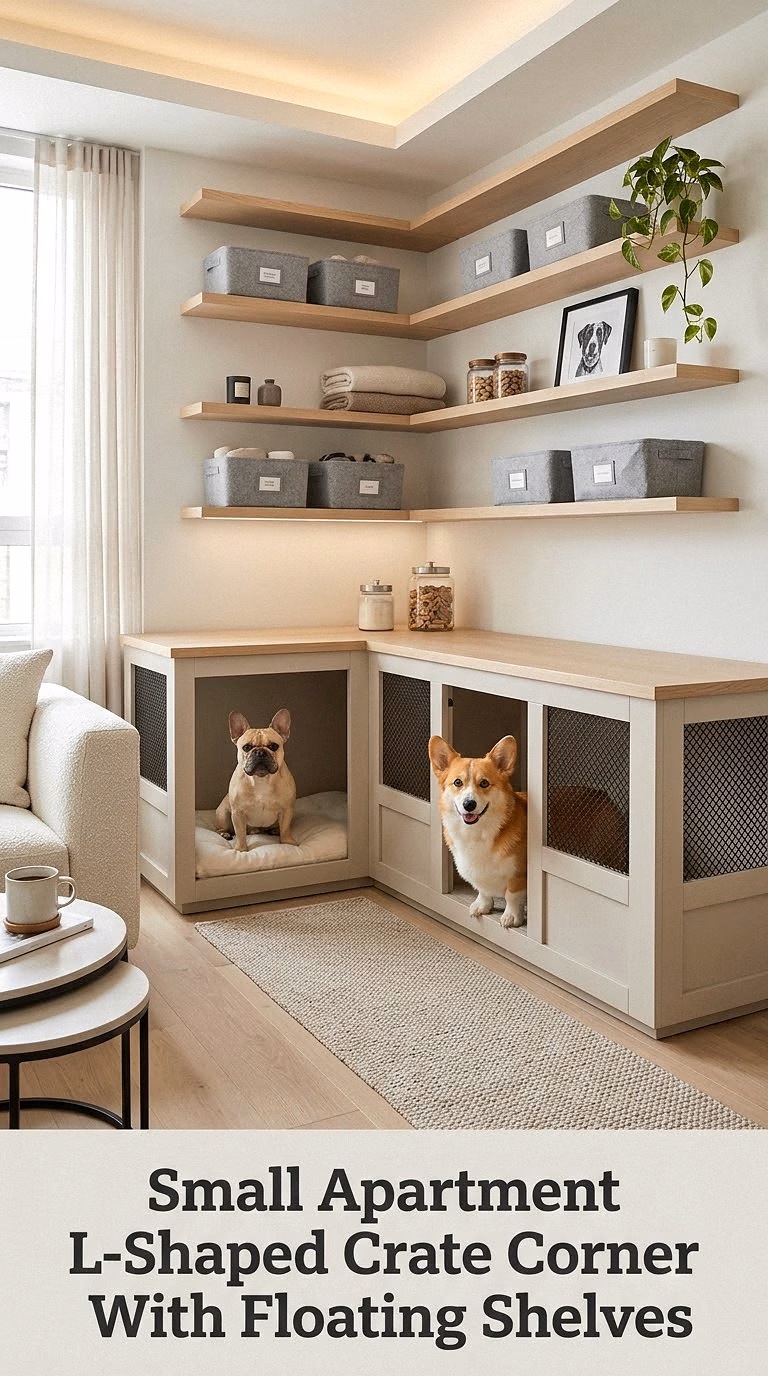 Small Apartment L-Shaped Crate Corner With Floating Shelves