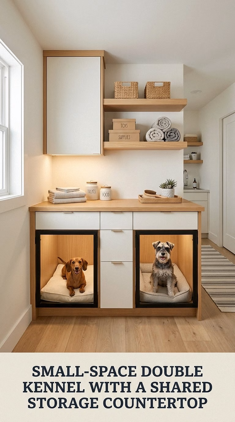 Small-Space Double Kennel With a Shared Storage Countertop