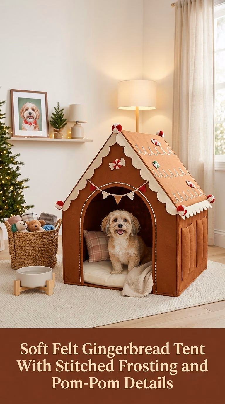 Soft Felt Gingerbread Tent With Stitched Frosting and Pom-Pom Details