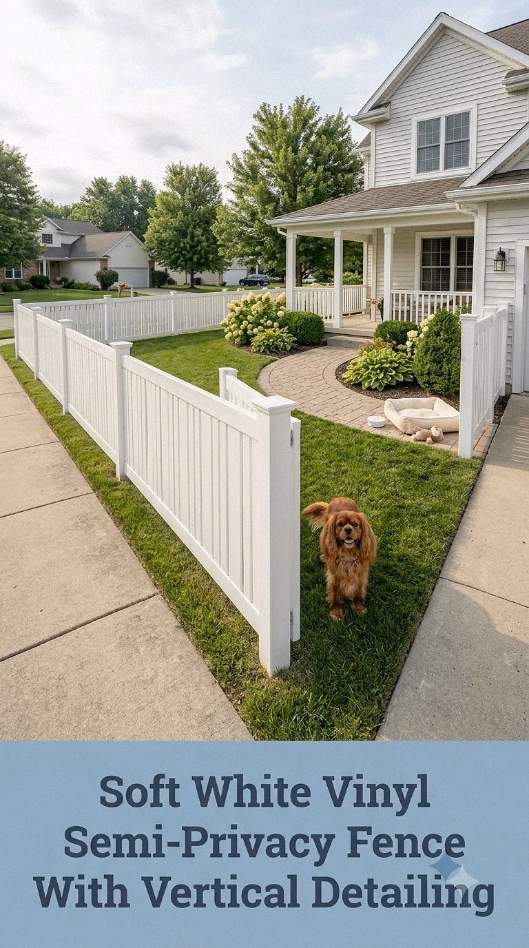 Soft White Vinyl Semi-Privacy Fence With Vertical Detailing