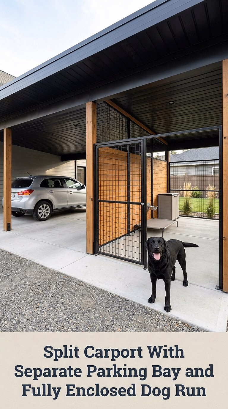 Split Carport With Separate Parking Bay and Fully Enclosed Dog Run