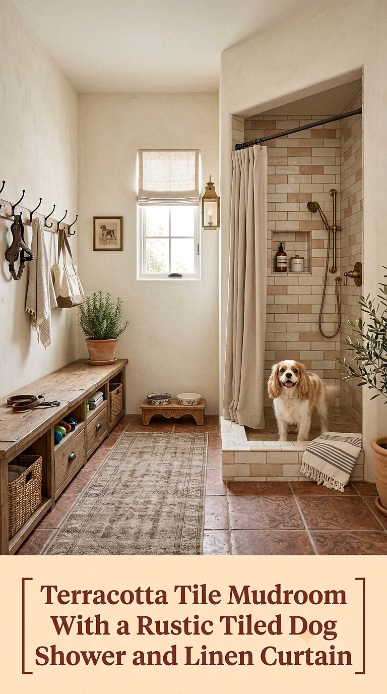 Terracotta Tile Mudroom With a Rustic Tiled Dog Shower and Linen Curtain