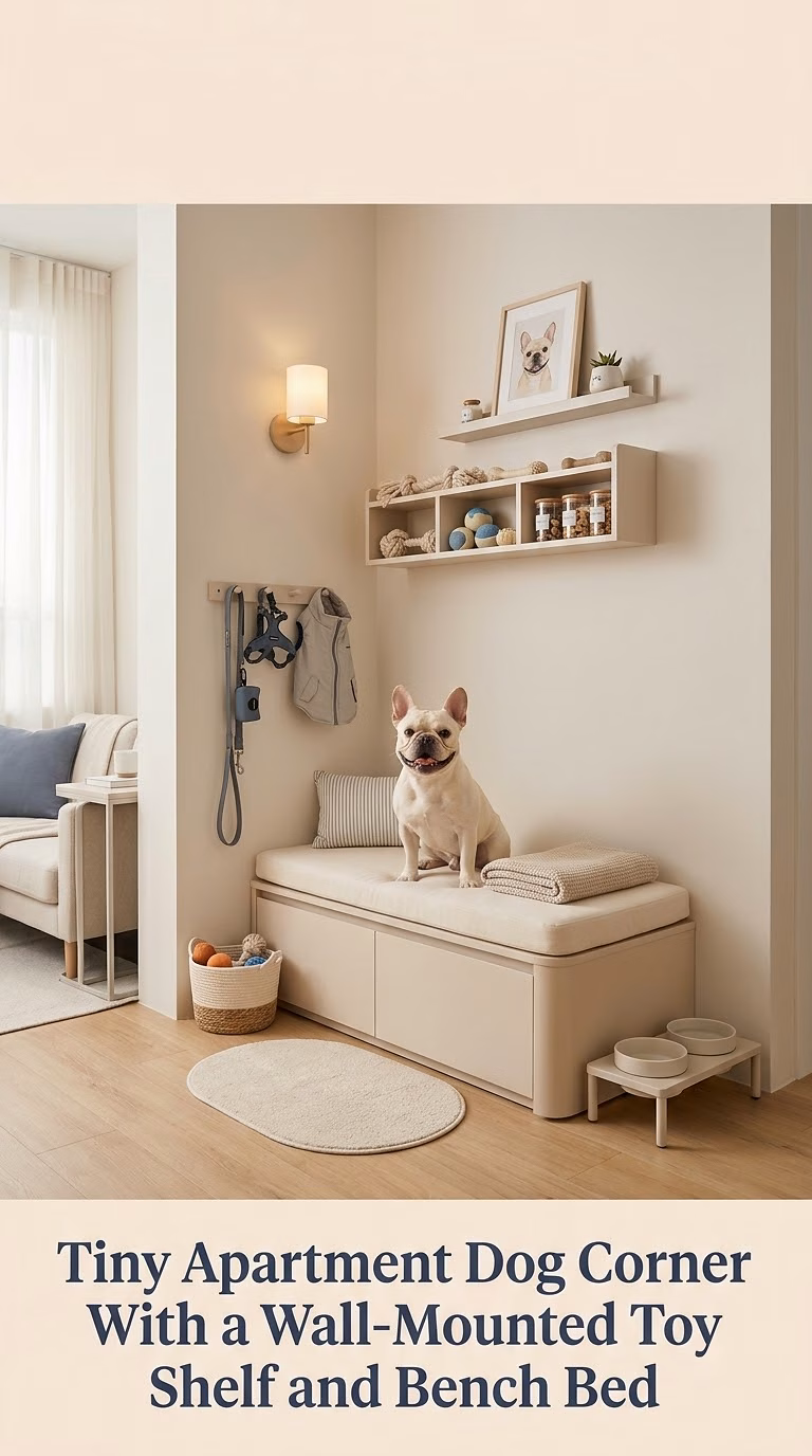 5. Tiny Apartment Dog Corner With a Wall-Mounted Toy Shelf and Bench Bed