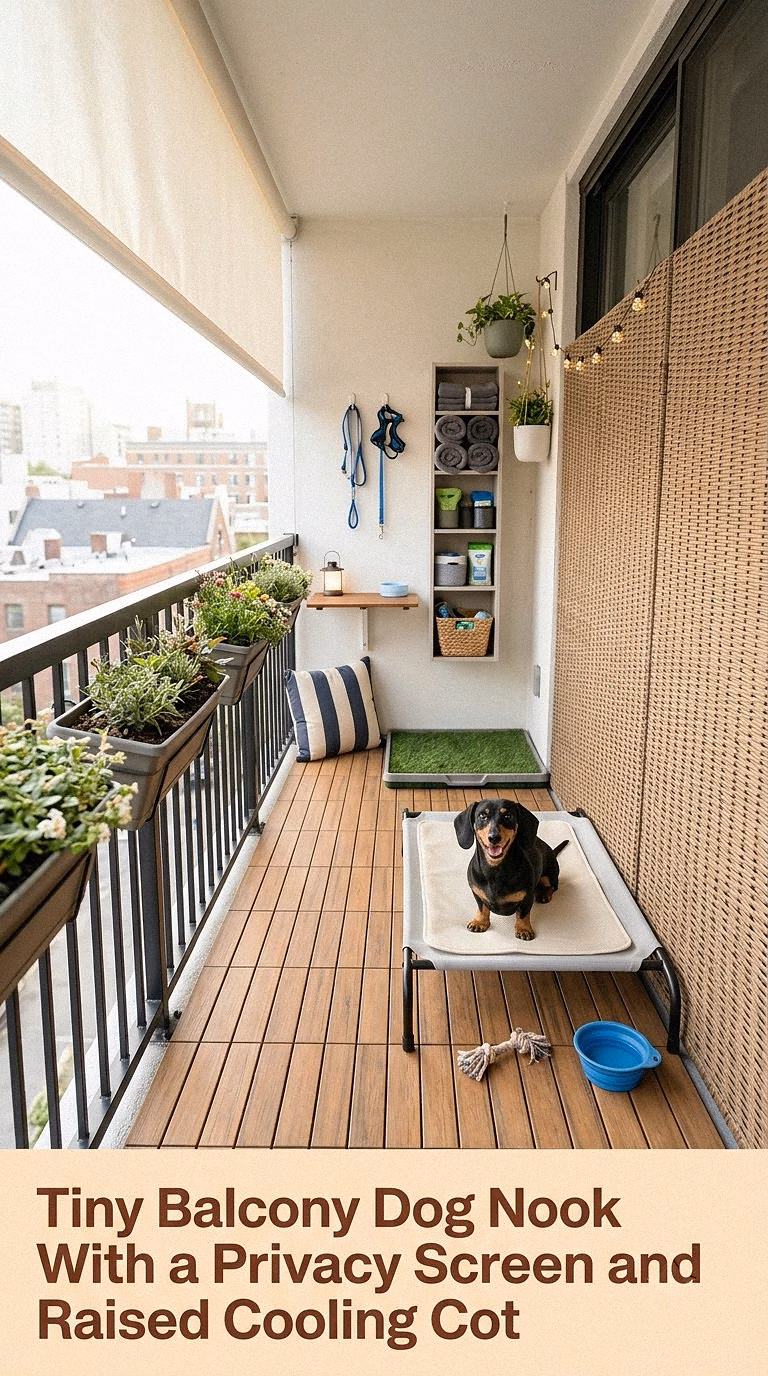 5. Tiny Balcony Dog Nook With a Privacy Screen and Raised Cooling Cot