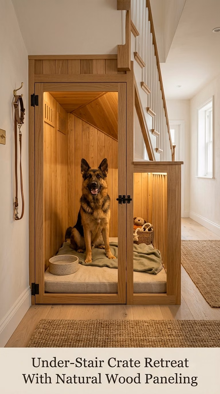 Under-Stair Crate Retreat With Natural Wood Paneling