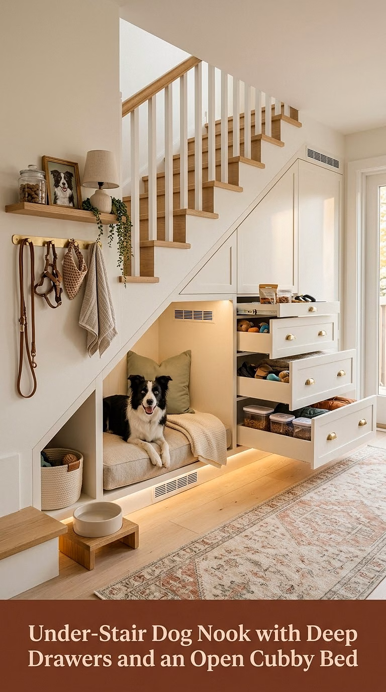 Under-Stair Dog Nook with Deep Drawers and an Open Cubby Bed