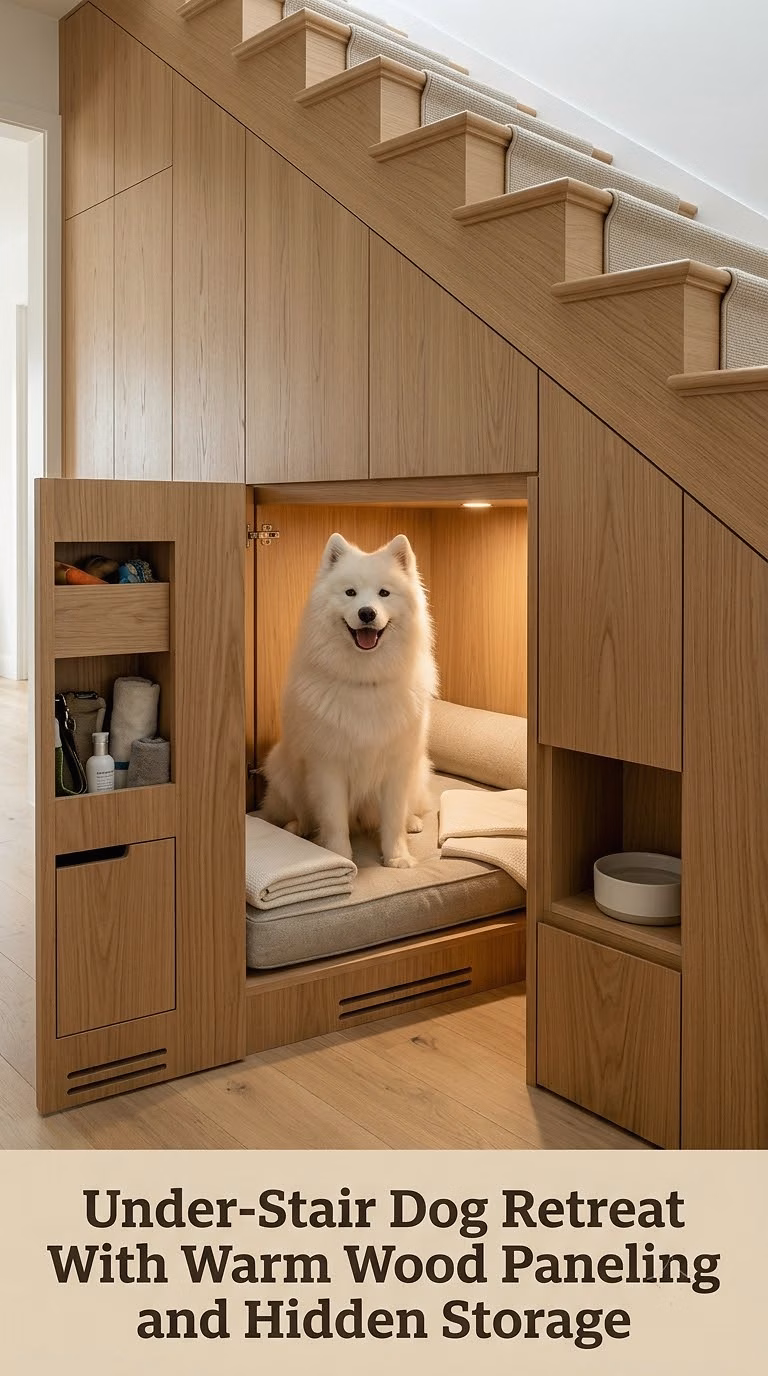Under-Stair Dog Retreat With Warm Wood Paneling and Hidden Storage