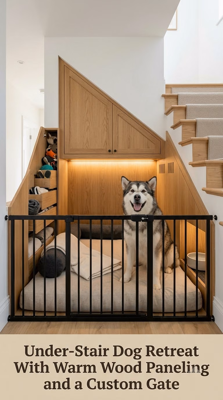 Under-Stair Dog Retreat With Warm Wood Paneling and a Custom Gate
