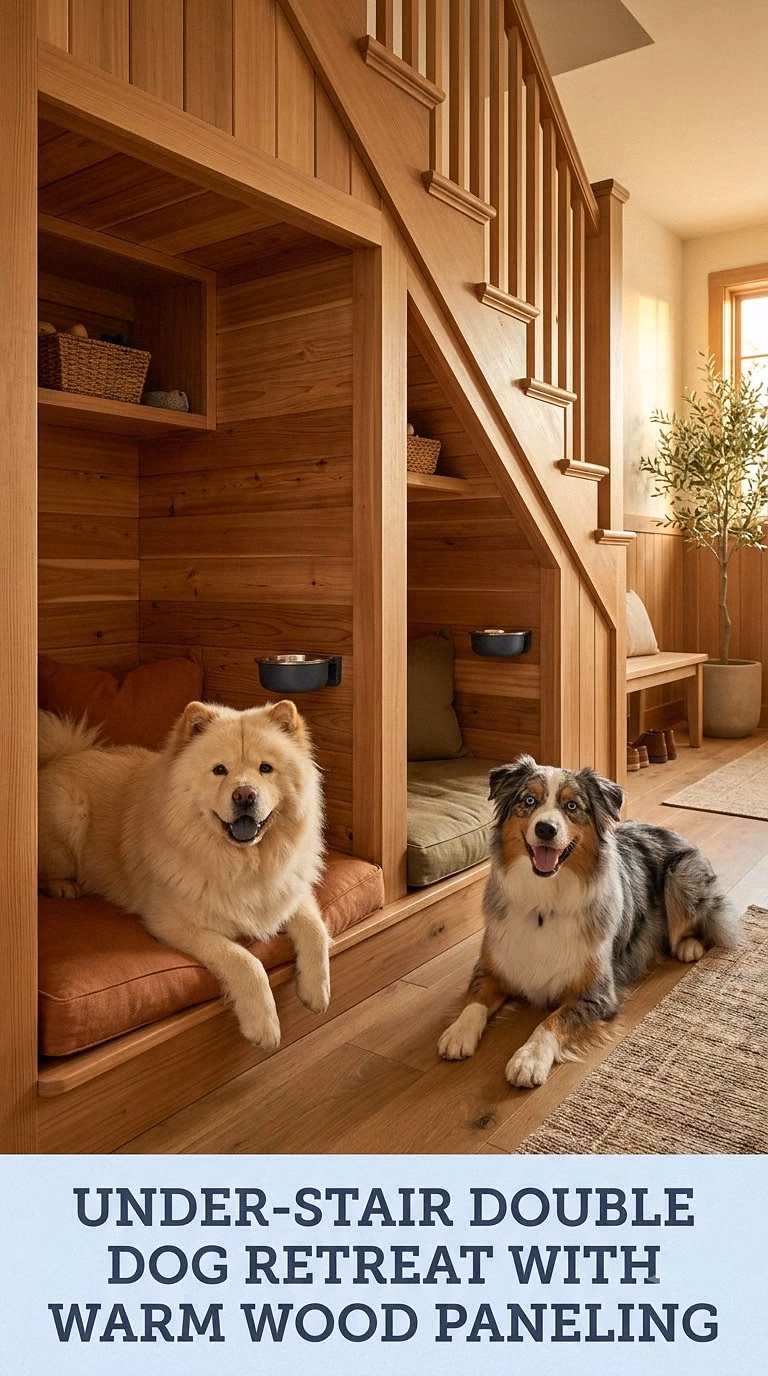 Under-Stair Double Dog Retreat With Warm Wood Paneling