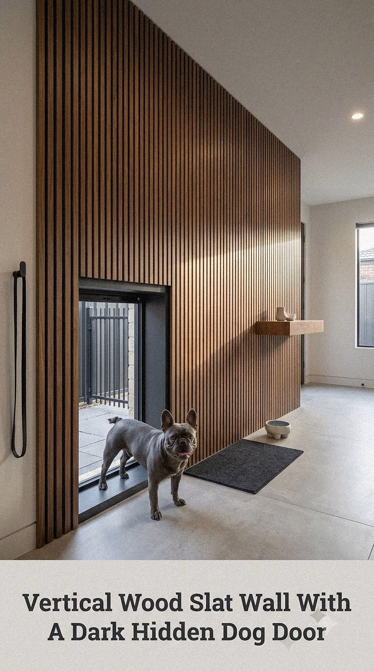 Vertical Wood Slat Wall With A Dark Hidden Dog Door