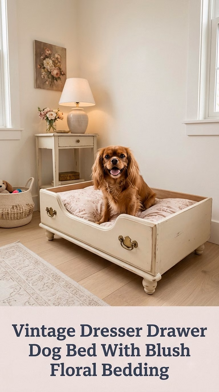 Vintage Dresser Drawer Dog Bed With Blush Floral Bedding