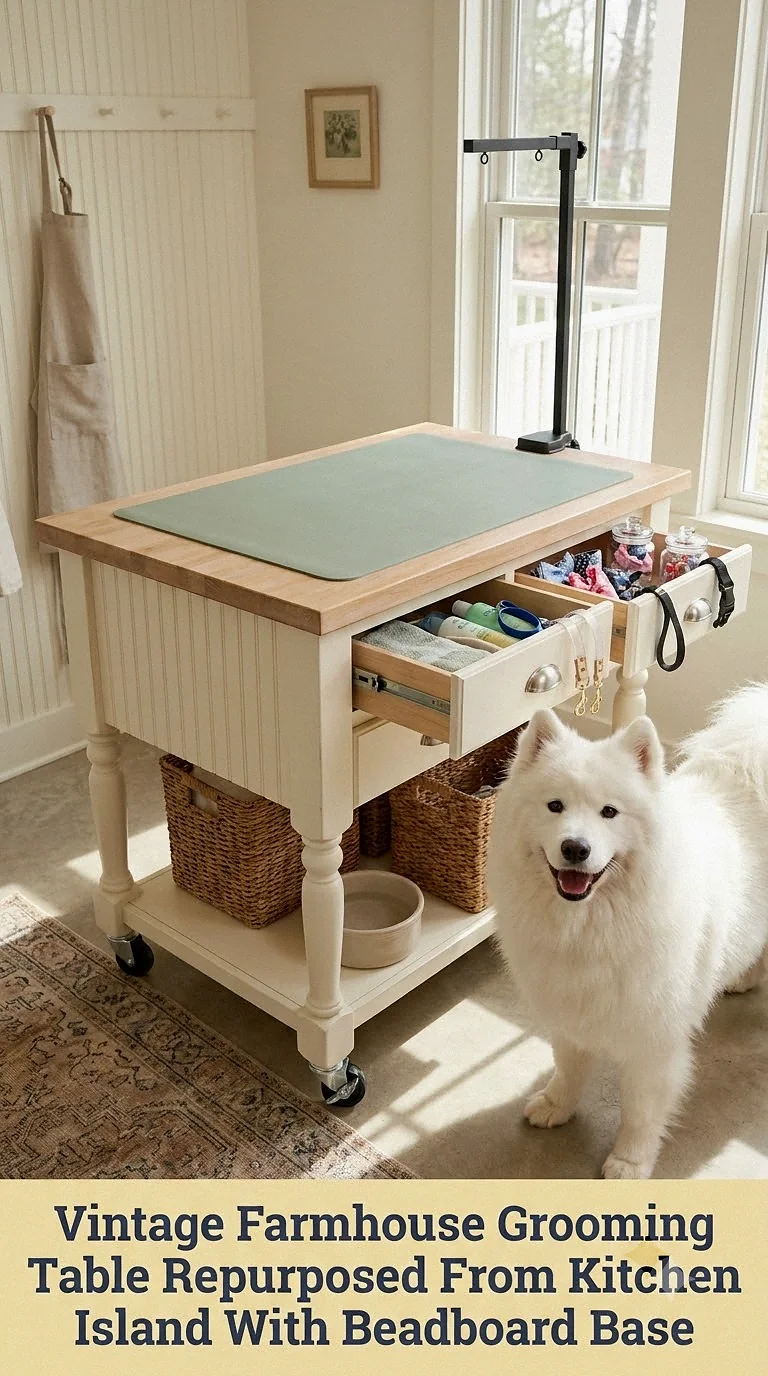 Vintage Farmhouse Grooming Table Repurposed From Kitchen Island With Beadboard Base