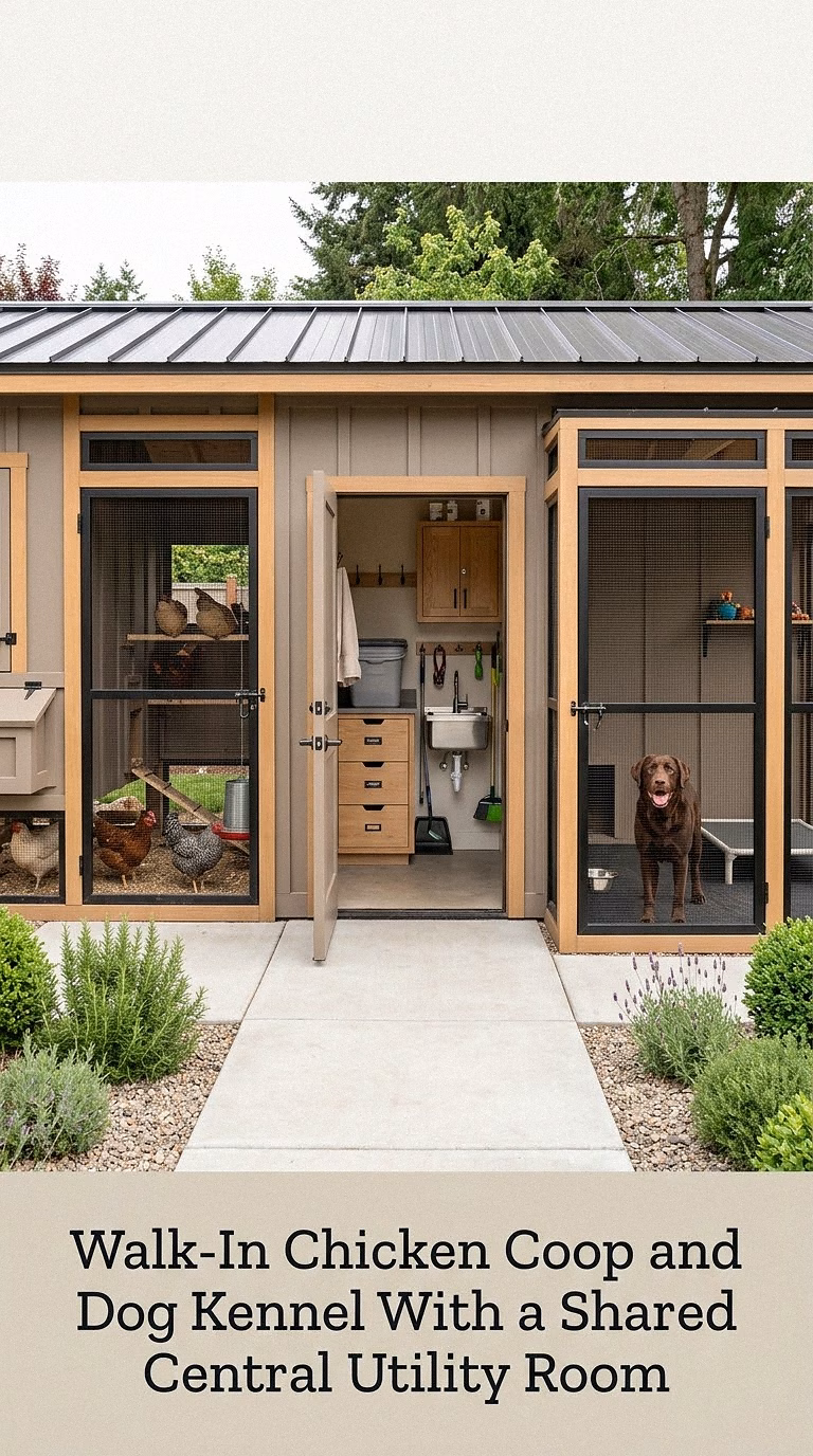 Walk-In Chicken Coop and Dog Kennel With a Shared Central Utility Room
