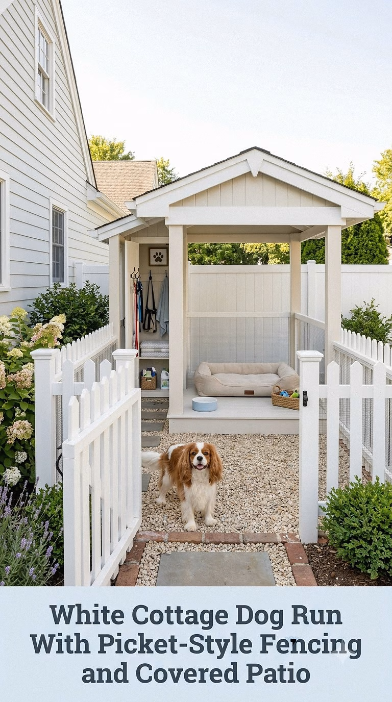 White Cottage Dog Run With Picket-Style Fencing and Covered Patio