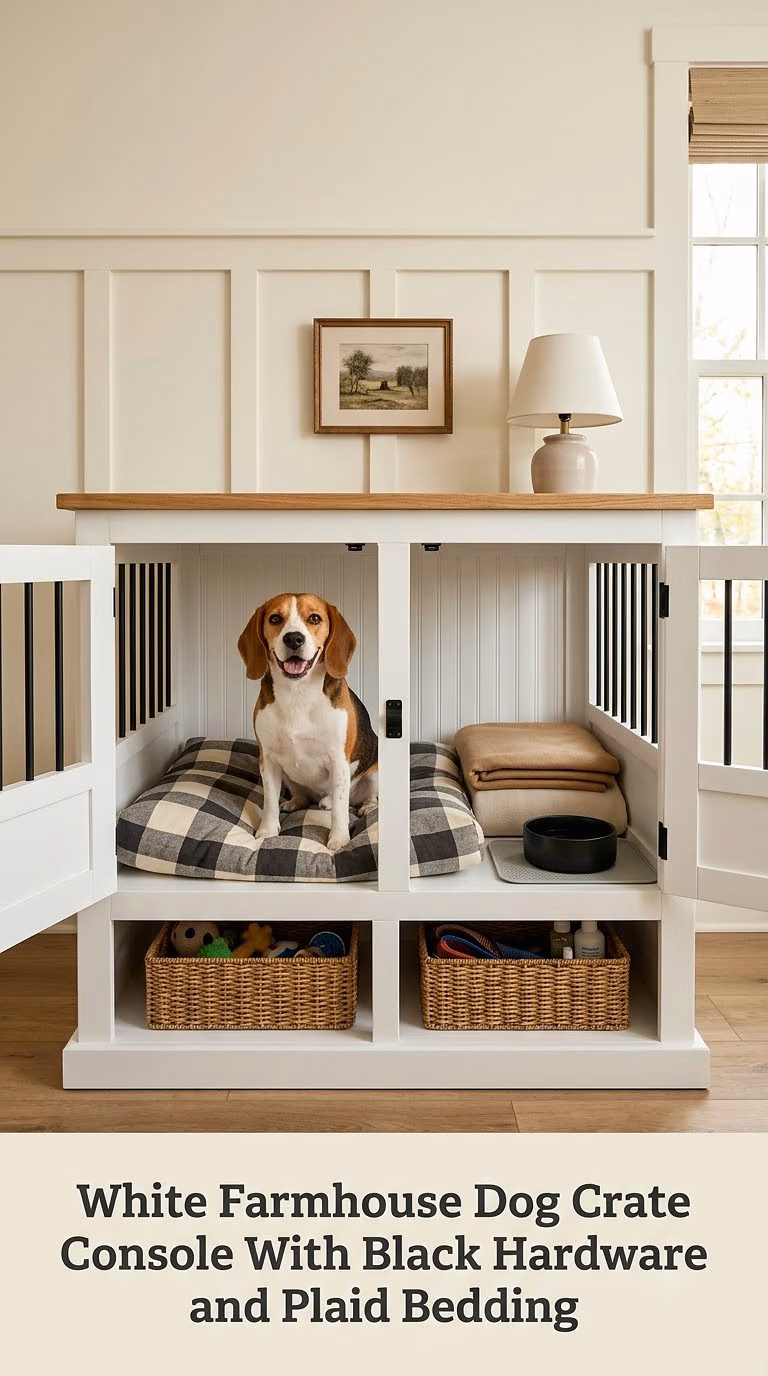 White Farmhouse Dog Crate Console With Black Hardware and Plaid Bedding