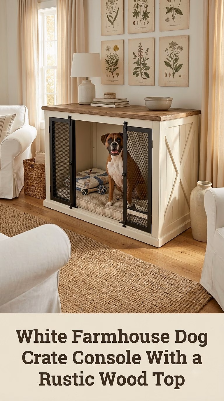 White Farmhouse Dog Crate Console With a Rustic Wood Top