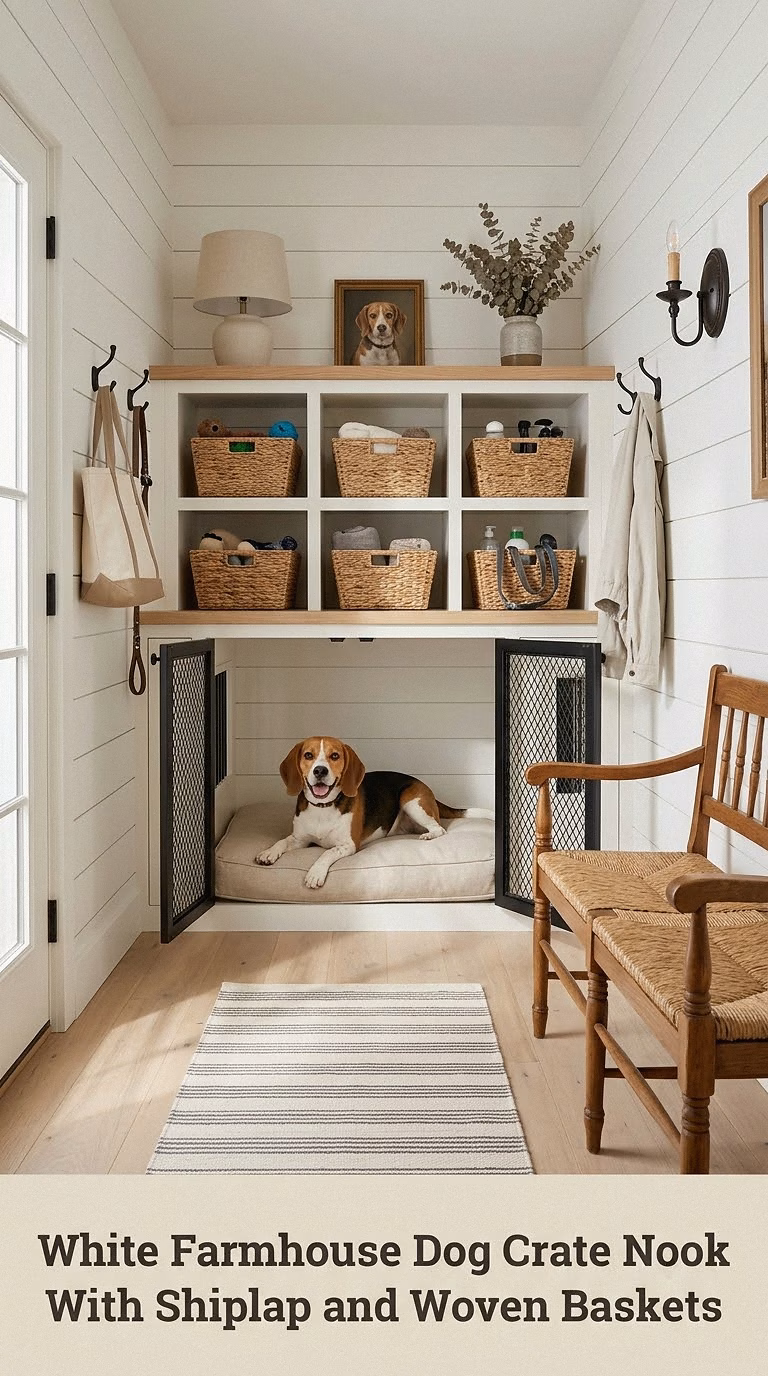 White Farmhouse Dog Crate Nook With Shiplap and Woven Baskets
