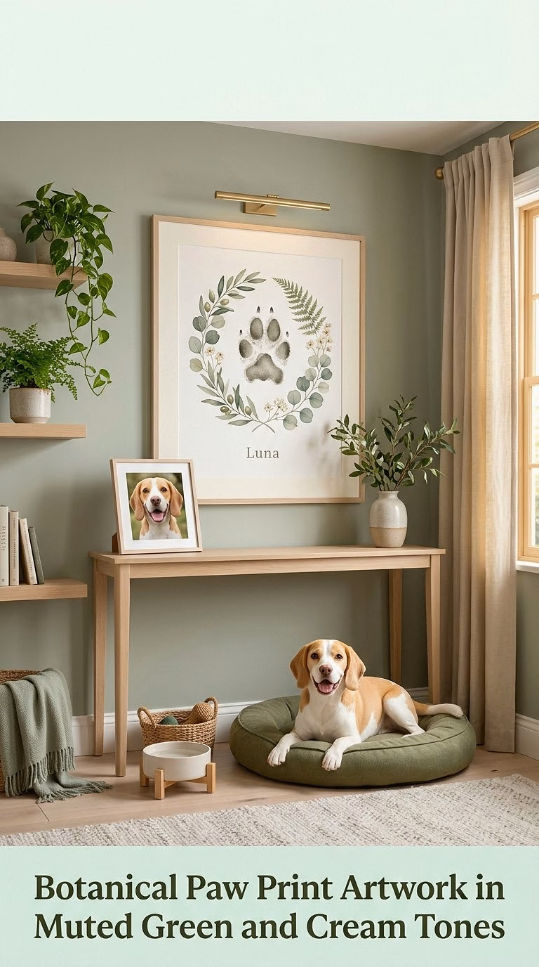 6. Botanical Paw Print Artwork in Muted Green and Cream Tones