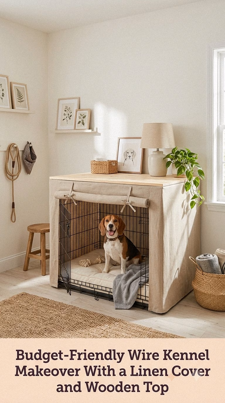 6. Budget-Friendly Wire Kennel Makeover With a Linen Cover and Wooden Top