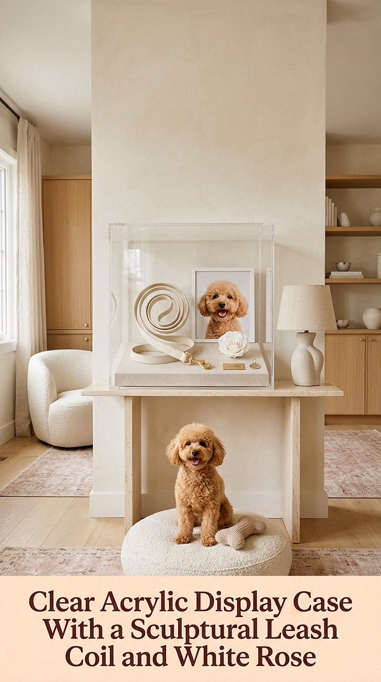 6. Clear Acrylic Display Case With a Sculptural Leash Coil and White Rose