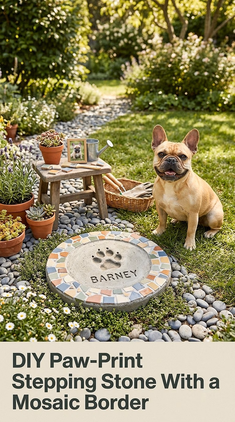 6. DIY Paw-Print Stepping Stone With a Mosaic Border